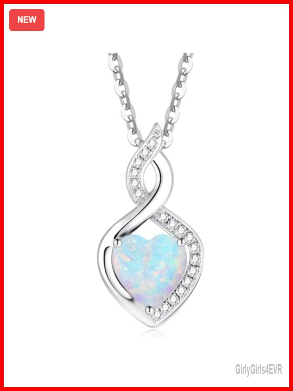 14K Solid White Gold Heart Pendant Necklace with Created Opal and Lab-Grown